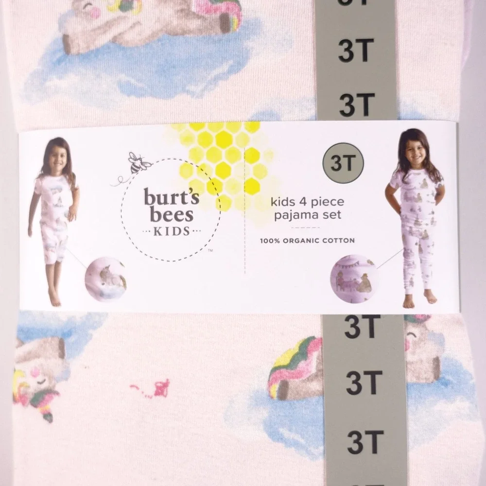Burts Bees Kids 3T 4-Piece Pajama Set 100% Organic Cotton Pink Tea Party Unicorn